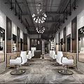 Modern Hair Salon Interior Design With White Styling Chairs Mirrors Chandeliers And Brick Walls