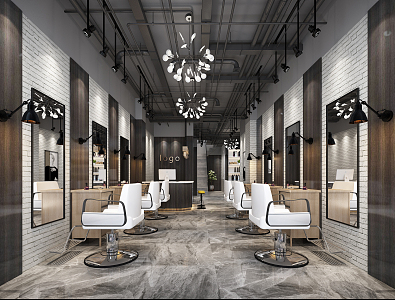 Modern barber shop black and white gray barber shop pipe wall lamp front desk cashier display cabinet shampoo bed 3d model