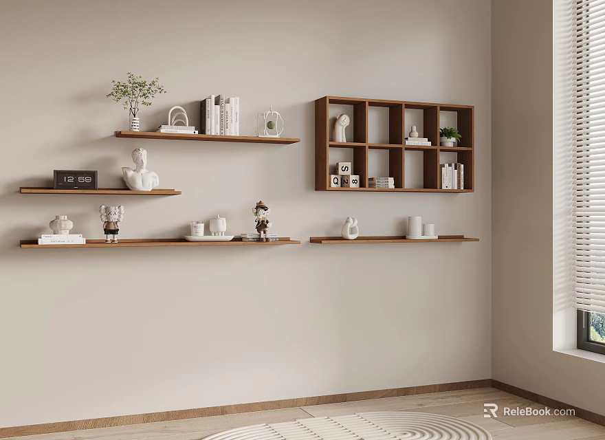 Stylish Modern Wall Mounted Wooden Shelves Displaying Books Decor Items And Green Plants 3d model 