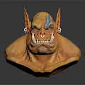 Fantasy Creature Head With Yellow Skin Horns Blue Stripes Pointed Ears Tusks Nose Ring Earrings
