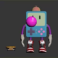 Playful Electronic Device with Blue Body Pink Joystick Buttons White Gloves Red White Sneakers Skateboard