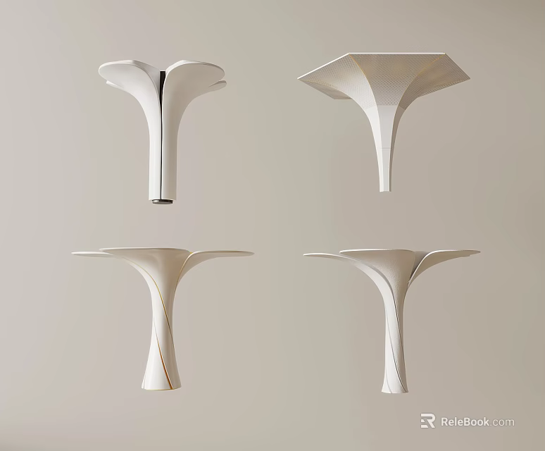 Four White Modern Sculptural Decorative Objects With Flower Shaped Design 3d model