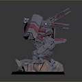 Game Movie Mechanical Character Model With Gray Red Armor Rocky Base And Glowing Lava