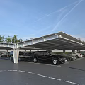 Solar Panel Covered Carport Canopies Providing Shade in Outdoor Parking Lot with Vehicles and Trees