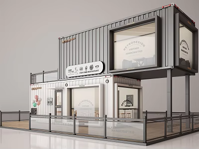 Modern Two Story Commercial Shipping Container Building With Glass Windows And Outdoor Deck 3d model