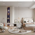 Kids Room Interior With Soft Bed Stuffed Toys Playful Rug Shelves And Bean Bag Chair
