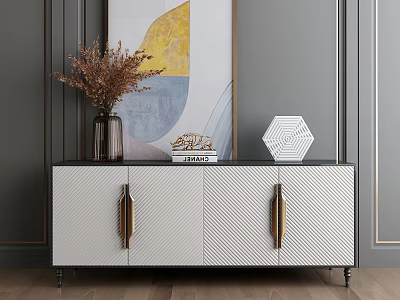 White And Black Entryway Sideboard With Gold Handles Dried Flower Vase And Hexagonal Decor 3d model