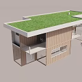 Modern Container Building with Green Roof Glass Skylights Light Wood Exterior and Outdoor Terrace