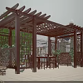 Outdoor Garden Pavilion with Wooden Lattice Structure Table Chairs Stone Wall and White Tile Floor