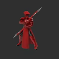 Detailed Game Character in Red Armor and Hood with Dual Swords