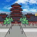 Ancient Chinese Architecture With Pagoda Towers Black Tiled Roofs Red Pillars And Green Trees
