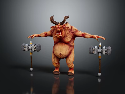 Game and Movie Character Mythical Horned Beast Wielding Double Iron Hammers In Aggressive Battle Stance 3d model