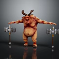 Game and Movie Character Mythical Horned Beast Wielding Double Iron Hammers In Aggressive Battle Stance