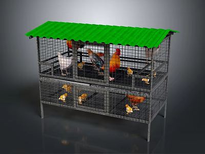 Multi Level Metal Chicken Coop With Green Roof And Chickens Inside 3d model