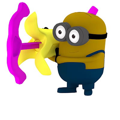 Minion Character Holding Yellow And Pink Toy Wearing Blue Overalls And Goggles 3d model