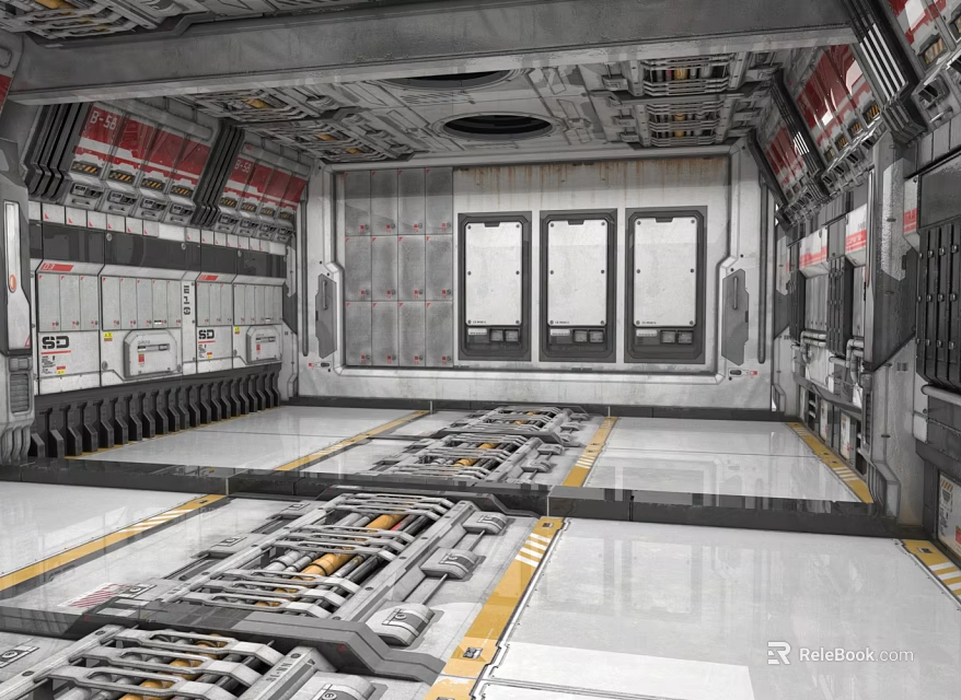 Cartoon Scene of Space Station Interior With Metallic Structures Control Panels Windows and Equipment 3d model 