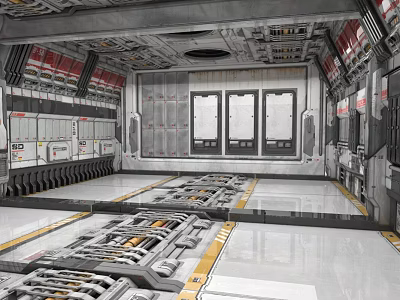 Cartoon Scene of Space Station Interior With Metallic Structures Control Panels Windows and Equipment 3d model