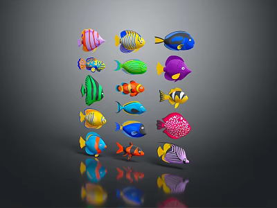 Colorful Fish with Various Colors and Shapes Arranged Creatively on Dark Background with Reflections 3d model