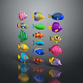 Colorful Fish with Various Colors and Shapes Arranged Creatively on Dark Background with Reflections