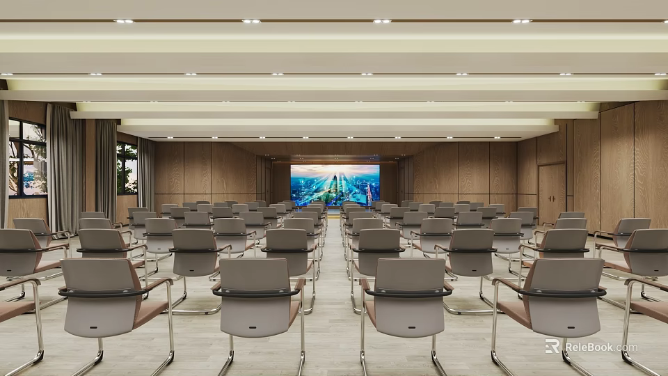 Spacious Modern Conference Room Interior With Neatly Arranged Seats And Large Projection Screen 3d model 