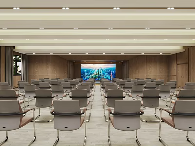 Spacious Modern Conference Room Interior With Neatly Arranged Seats And Large Projection Screen 3d model