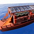 Traditional Wooden Boat With Transparent Roof And Orange Curtains On Blue Water