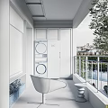Modern Home Balcony Space With Stacked Washing Machines White Cabinets Chair And City View