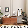 Brown Wooden Dresser With Drawers Round Mirror Vase Flowers And Green Plant In Bedroom Interior