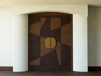 Elegant Double Doors With Geometric Patterns Brass Circular Accent In Light Walls And White Columns 3d model