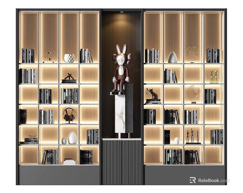 Elegant Modern Bookcase Featuring Shelves Lighting Decorative Rabbit Sculpture Books And Ornaments 3d model 