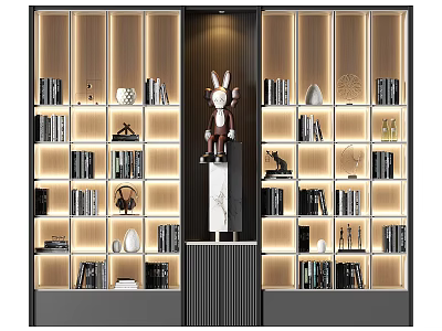 Elegant Modern Bookcase Featuring Shelves Lighting Decorative Rabbit Sculpture Books And Ornaments 3d model