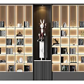 Elegant Modern Bookcase Featuring Shelves Lighting Decorative Rabbit Sculpture Books And Ornaments