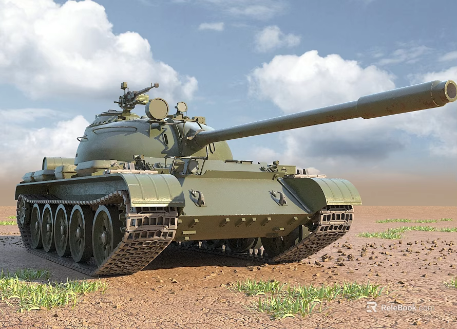 Military Green Tank With Long Cannon On Muddy Ground Under Blue Sky 3d model 