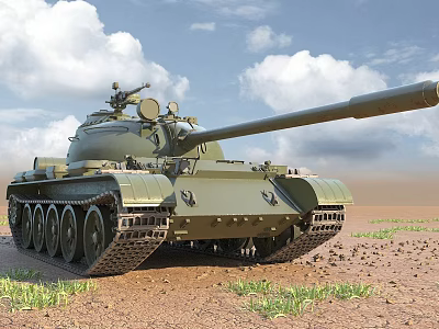 Military Green Tank With Long Cannon On Muddy Ground Under Blue Sky 3d model