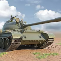 Military Green Tank With Long Cannon On Muddy Ground Under Blue Sky