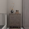 Vintage Wooden Entryway Console Cabinet With Detailed Carved Doors Decorative Vase And Ornaments