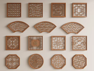 Decorative Wooden Lattice Windows With Various Shapes And Intricate Traditional Patterns 3d model