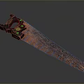 Antique Rusted Hand Saw With Black Handle And Decorative Metal Blade