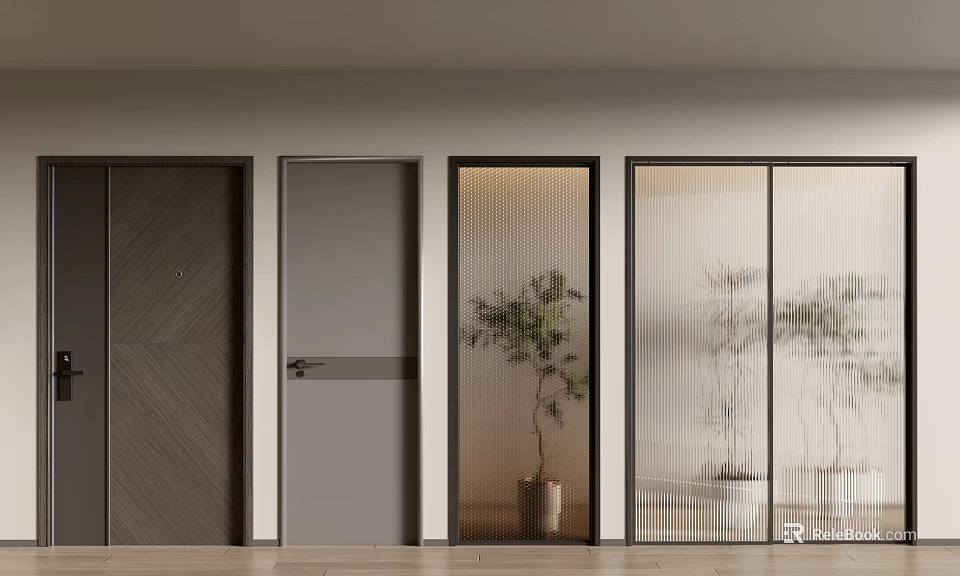 Modern Door Designs Featuring Wooden Panel Glass Sliding And Potted Plant Decor 3d model 
