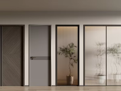 Modern Door Designs Featuring Wooden Panel Glass Sliding And Potted Plant Decor 3d model