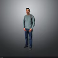 Man Wearing Blue Sweater And Jeans Carrying Backpack Standing Against Gray Background