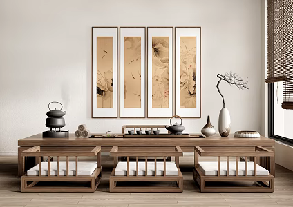 New Chinese Tea Table and Chair Tatami Tea Table and Chair Ornaments 3d model