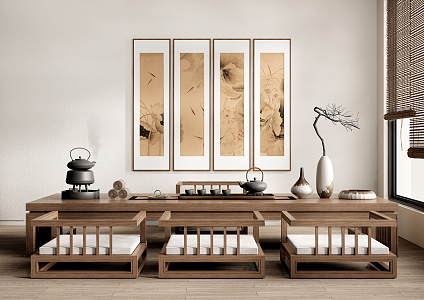 New Chinese Tea Table and Chair Tatami Tea Table and Chair Ornaments 3d model