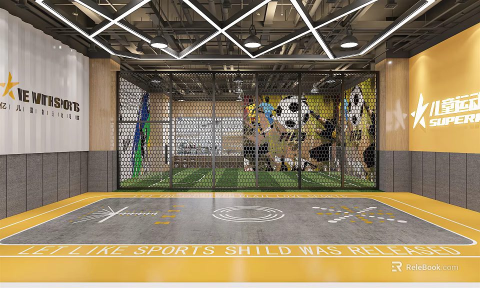 Indoor Sports Fitness Facility With Soccer Court Net Enclosure And Ceiling Lighting Design 3d model 