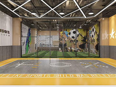 Indoor Sports Fitness Facility With Soccer Court Net Enclosure And Ceiling Lighting Design 3d model