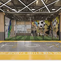 Indoor Sports Fitness Facility With Soccer Court Net Enclosure And Ceiling Lighting Design