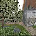 Modern Commercial Street With Glass Facades Greenery Pedestrians And Outdoor Seating