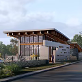 Scenic Wooden Rest Pavilion With Large Glass Windows And People Gathering In Green Surroundings