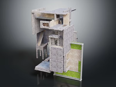 Cartoon Scene of Modern Gray Multi Level Architectural Model with Staircase and Green Grass Area 3d model