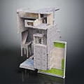 Cartoon Scene of Modern Gray Multi Level Architectural Model with Staircase and Green Grass Area